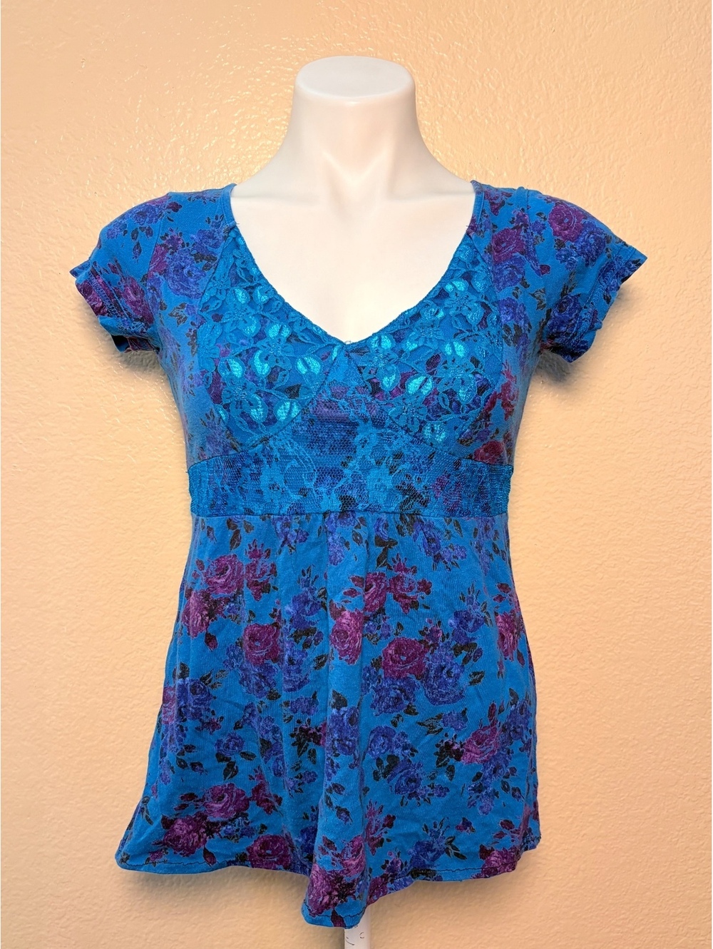 Y2K Lei Blue Floral Lace Trim Short Sleeve Tie-Back Babydoll Top Size S #11